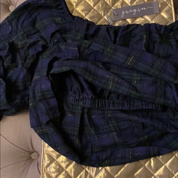 Plaid Off the Shoulder Top with Puff Sleeves - Picture 4 of 6